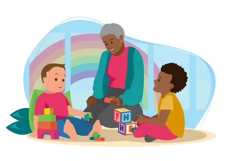 Woman sat on mat playing with toddler and child.
