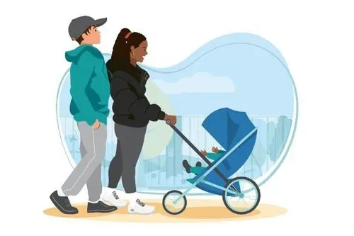 Young woman and young man pushing pram.
