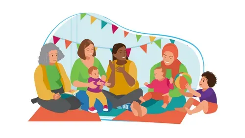 Woman playing guitar to three young chidren.