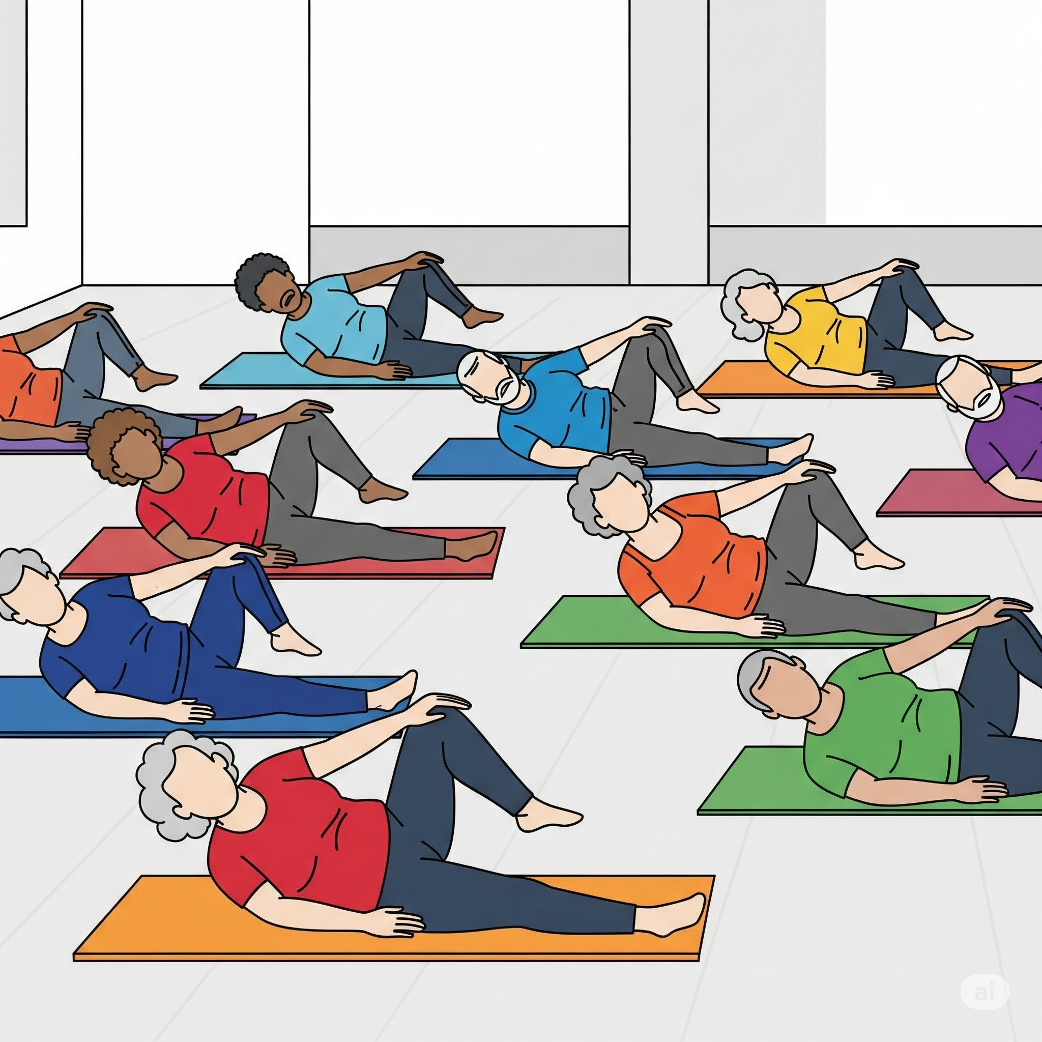 A group of older adults exercising on mats
