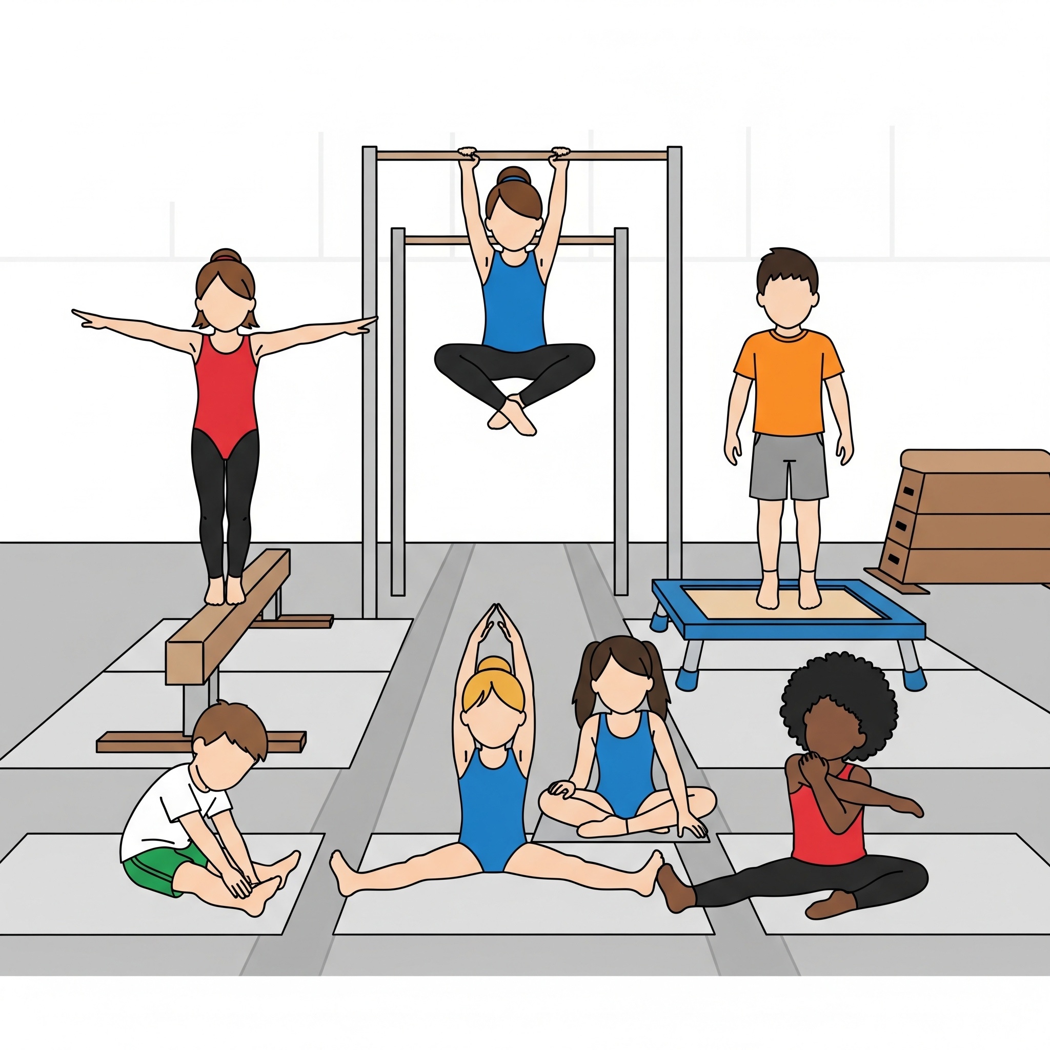 Animated picture of children using different gymnastics equipment 