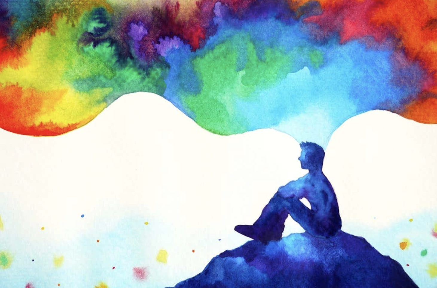 A watercolour of a person sitting on a rock with a colourful cloud above them