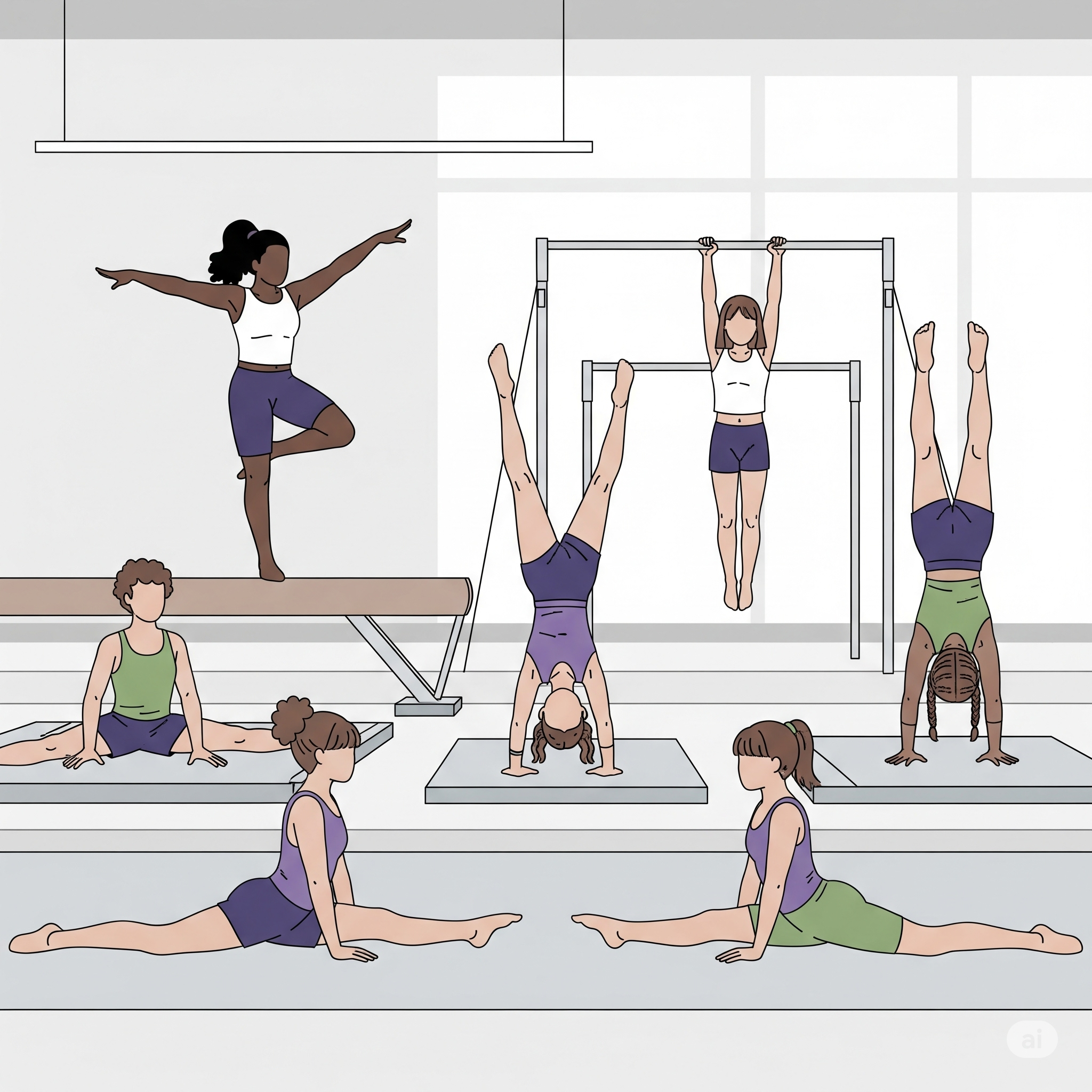 Animated picture of children using different gymnastics equipment 