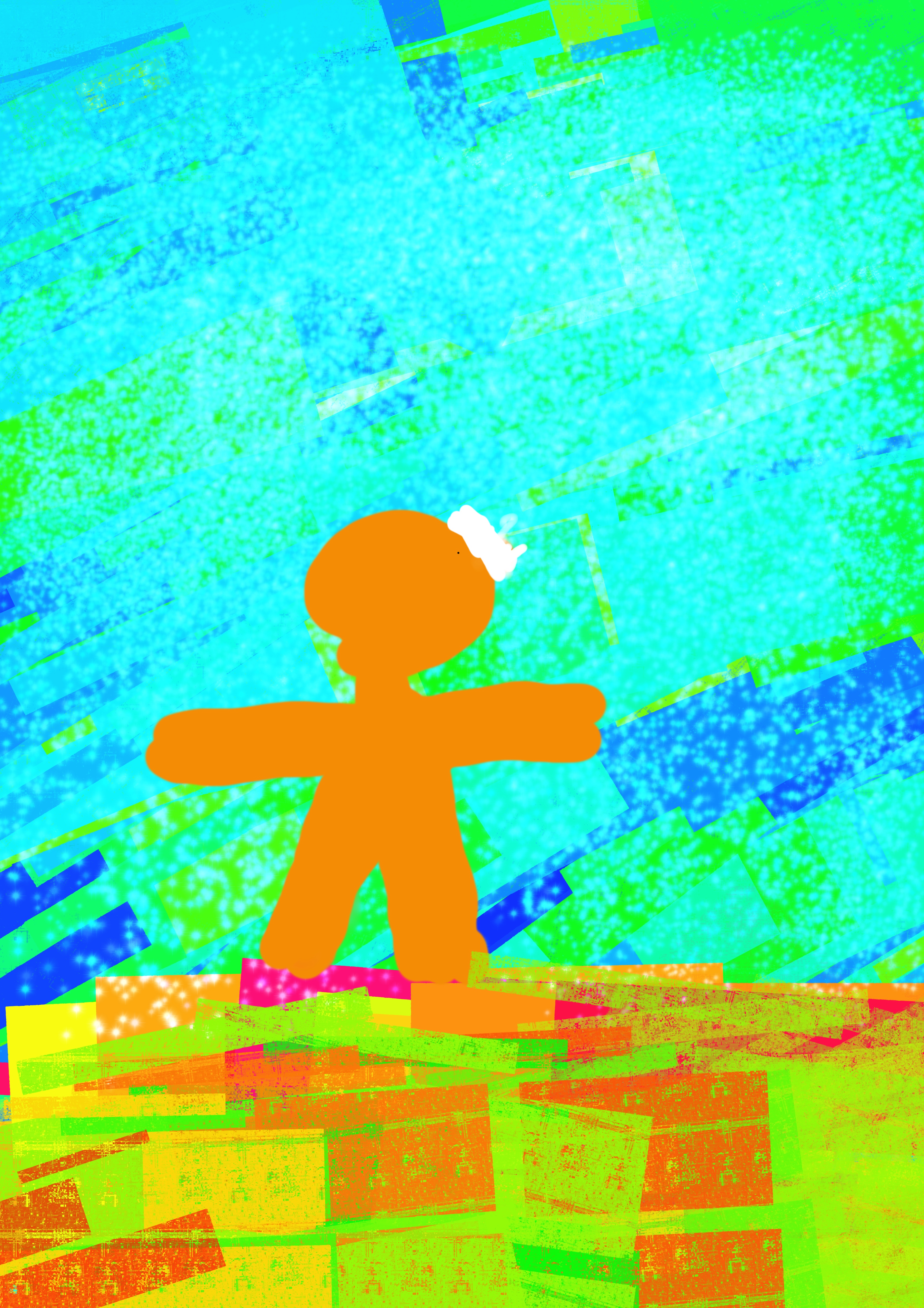 image of a brightly coloured abstract digital drawing of a person on a hill