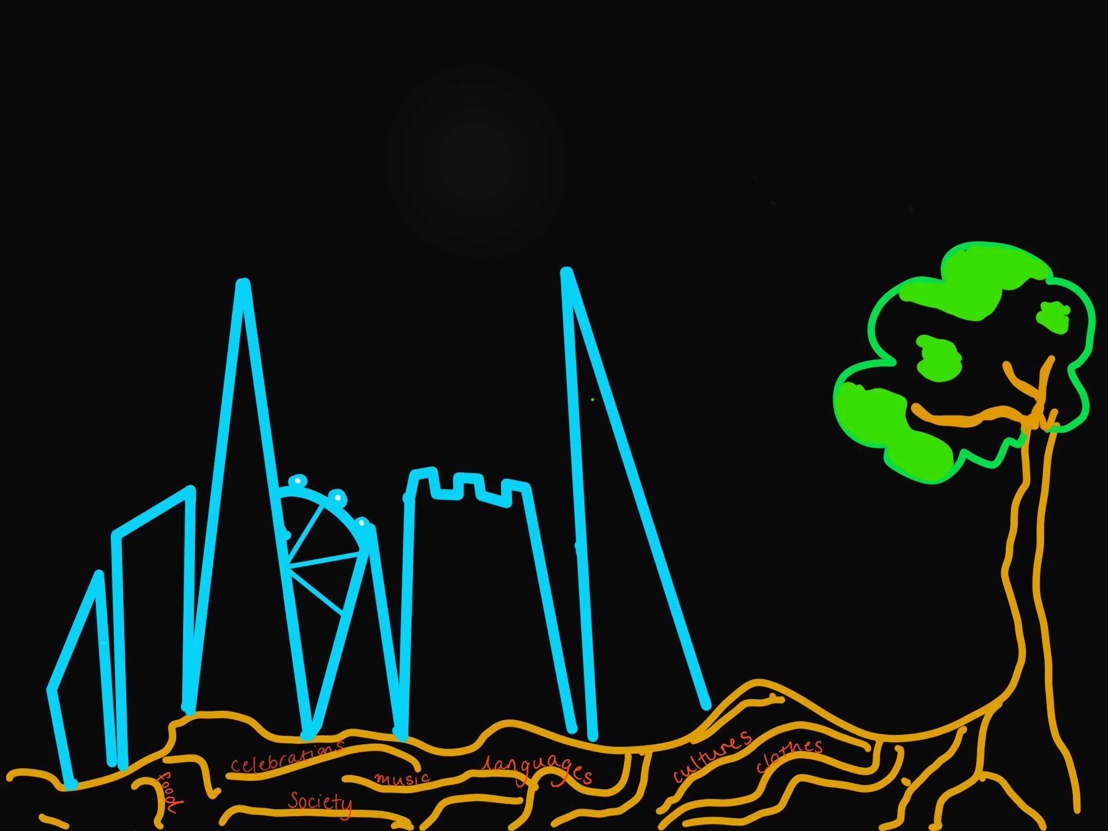 Digital blue and green line drawing of a London skyline and tree on a black background