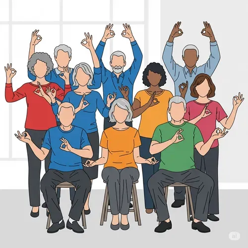 A diverse group of adults aged 55 and over perform a South Asian dance hand gesture.