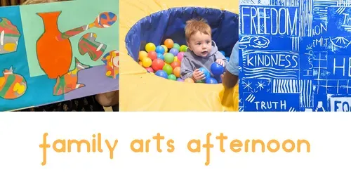 The image has three images, one shows a colourful collage of vases, one shows a baby in a ball pit and one show a blue lino print.