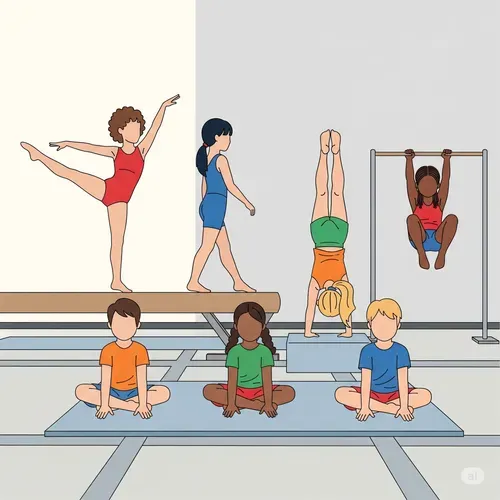 Animated picture of children using different gymnastics equipment 