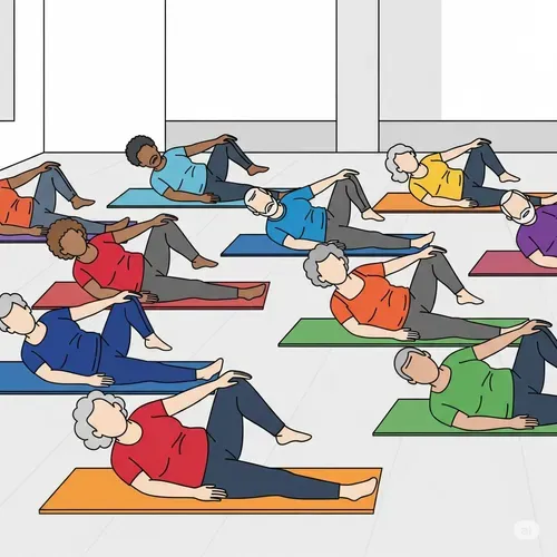 A group of older adults exercising on mats
