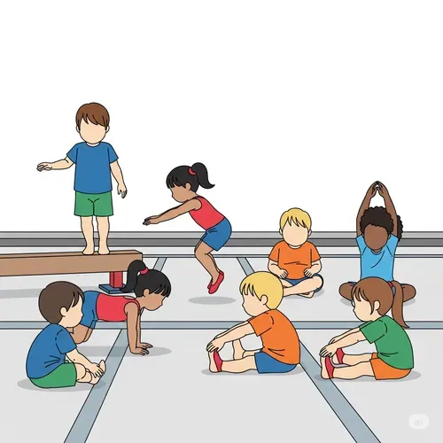Animated picture of children using different gymnastics equipment 
