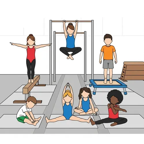 Animated picture of children using different gymnastics equipment 