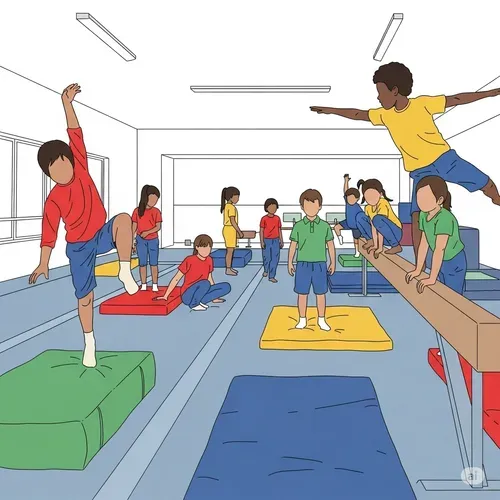 Animated picture of children using different gymnastics equipment 