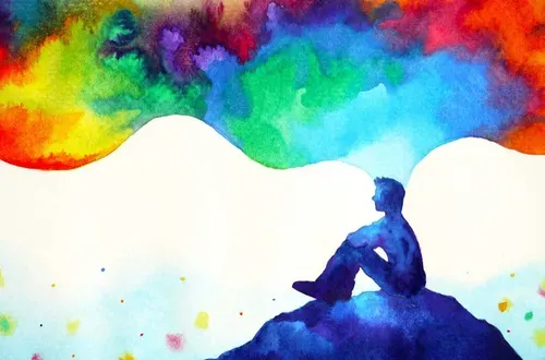 A watercolour of a person sitting on a rock with a colourful cloud above them