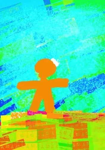 image of a brightly coloured abstract digital drawing of a person on a hill