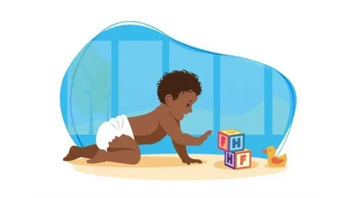 Baby crawling and playing with bricks.