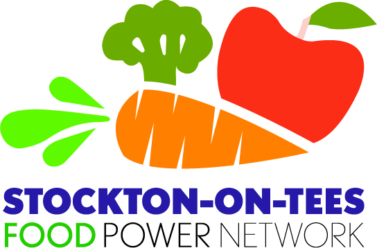 Stockton Food Power Network logo, with colourful vegetable pictures