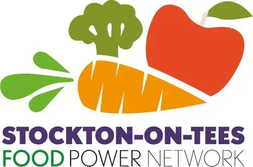 Stockton Food Power Network logo, with colourful vegetable pictures