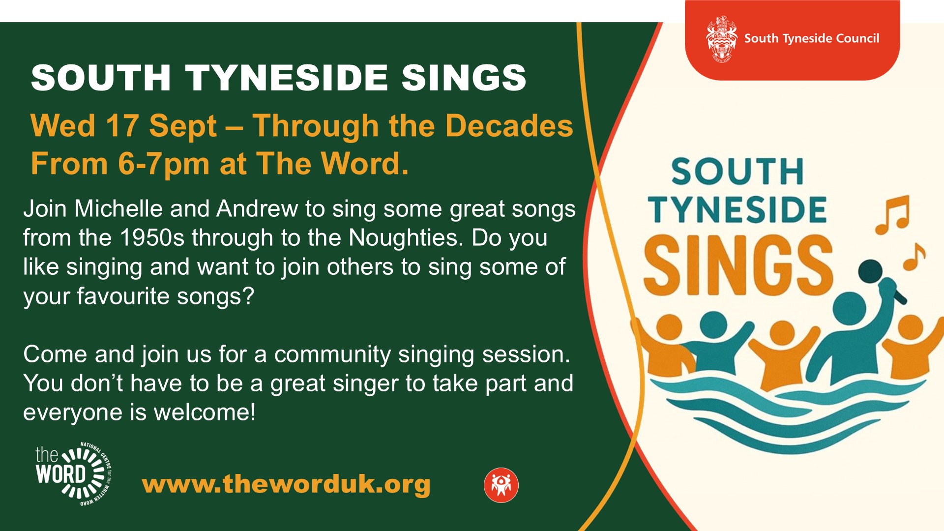 South Tyneside Sings Through the Decades at The Word on 17th September from 6-7pm