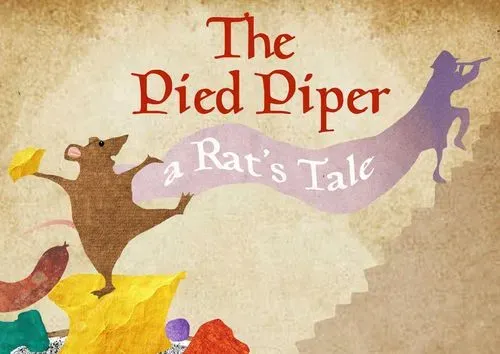 The image shows a rat dancing on a piece of cheese while a man plays a flute in the distance as he climbs some stairs