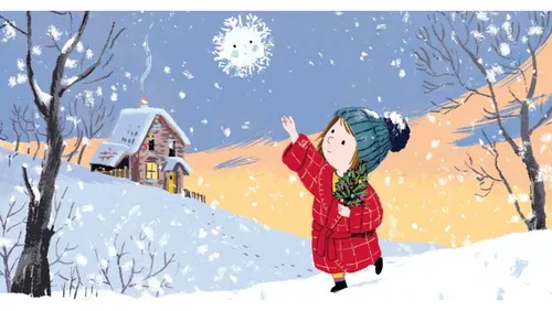 A Little girl in a red coat and woolly hat walks across a snowy landscape chasing a snowflake with a face. There is a small house with Christmas lights in the background