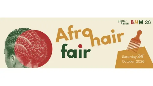 a poster for Afro Hair Fair, featuring a photo of braided hair on the left, and a comb graphic on the right; text reads: Afro hair fair, Saturday 24th of October; on the top right: Poplar Union logo, BHM 26 logo