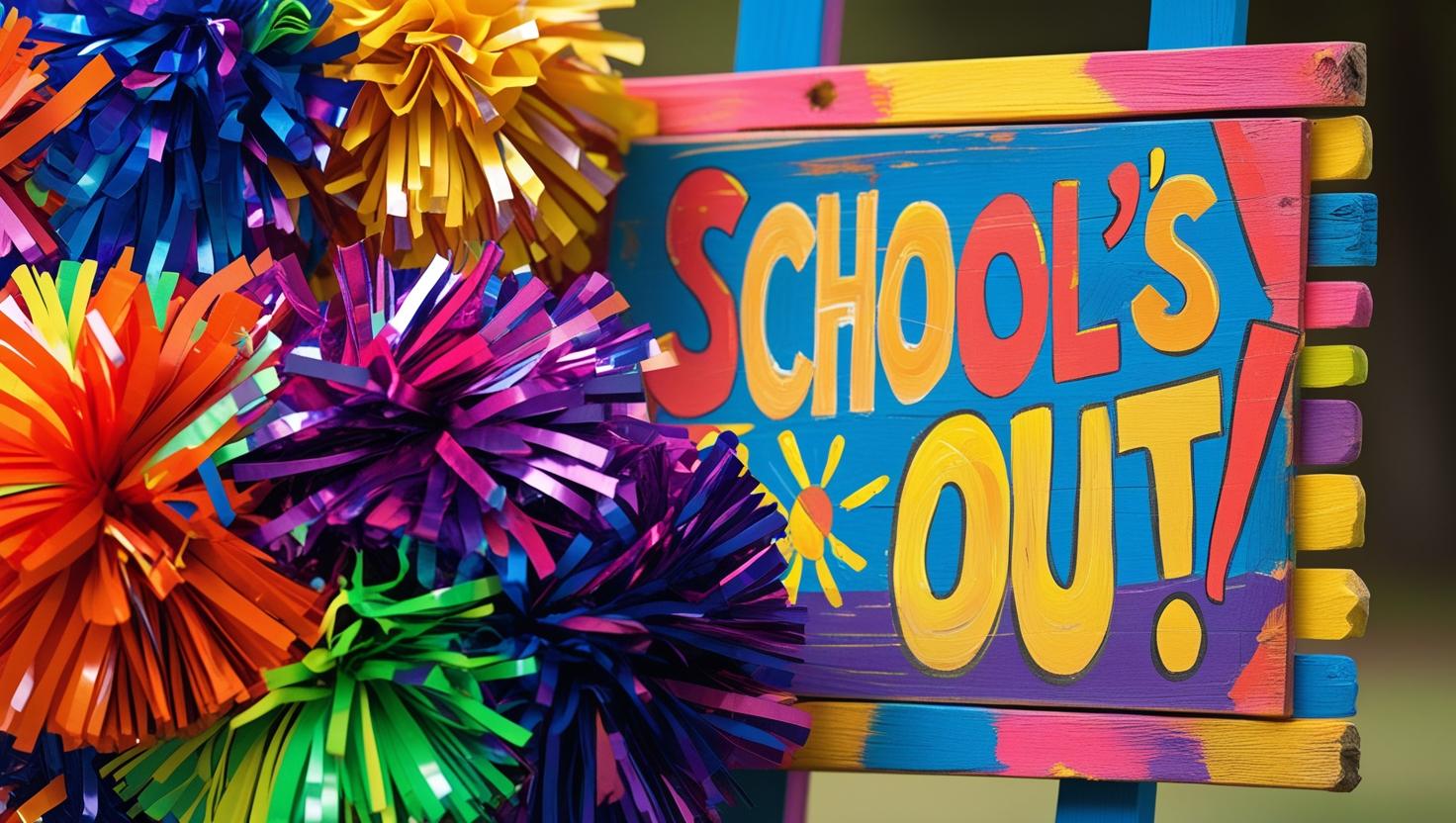 Schools out sign and cheer pom poms