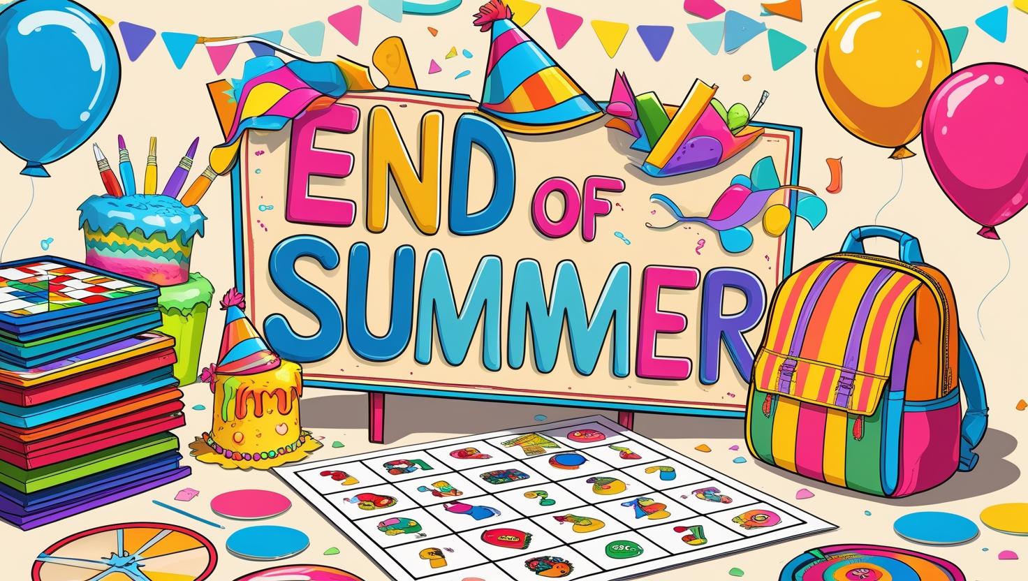 End of summer sign with party decorations and school bag