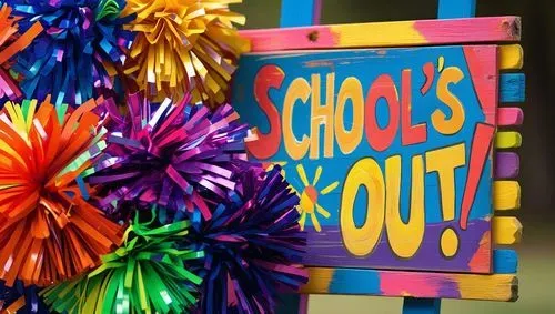 Schools out sign and cheer pom poms
