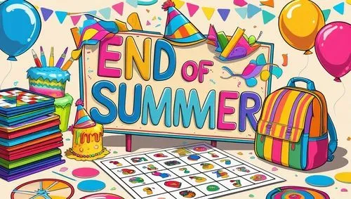 End of summer sign with party decorations and school bag