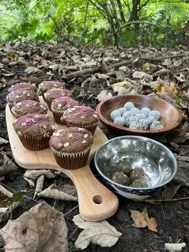 image of 9 muffins on a wooden board amongst the leaves on the woodland floor with two bowls to the right side containing energy balls