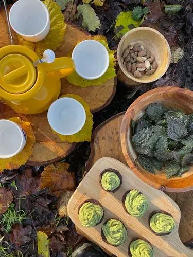 An image of snacks, a yellow tea pot and white cups in the woodland. 