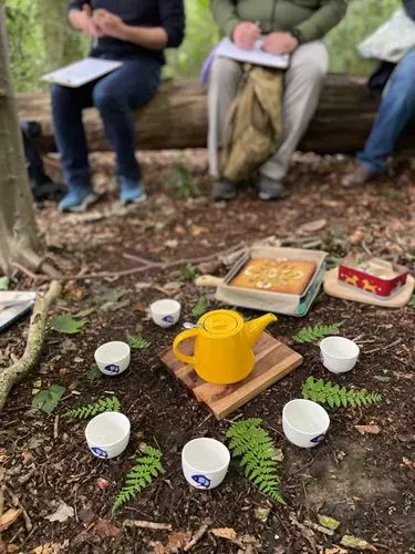 3 people sitting on a log in the woods. On the woodland floor - a yellow tea pot sits surrounded with 6 Chinese tea cups. A cake and snacks sit next to the circle. 