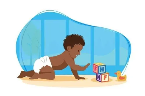Baby crawling and playing with bricks.