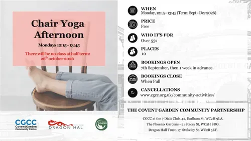 Chair Yoga in the afternoon, at cgcc at the Sevendials club, Mondays 121:5 to 13:45