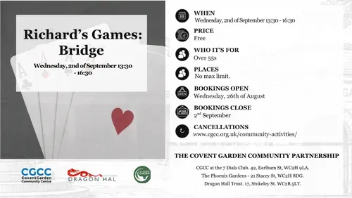 Card game of bridge with Richard on the 2nd of September at the Seven dials club
