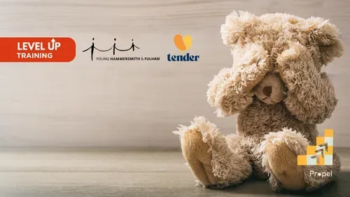 A soft brown teddy bear sits on a wooden surface with its paws covering its eyes. On the left side of the image, a red banner reads "LEVEL UP TRAINING." Logos for Young Hammersmith & Fulham Foundation, Tender, and Propel are displayed above and around the bear. The image suggests a training related to safeguarding or emotional wellbeing for young people.