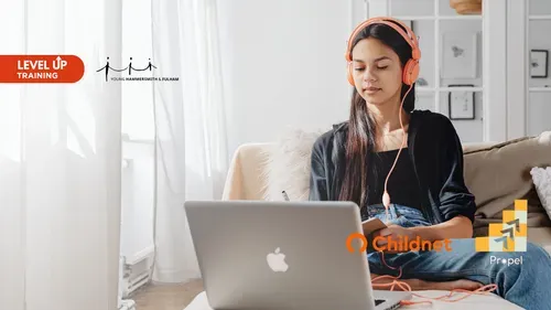 A young person comfortably sitting on a sofa wearing headphones and using their laptop, promoting Young Hammersmith & Fulham's "Level Up Training" event. The graphic shares friendly details about the upcoming Online Safety Training happening on June 3rd, with a morning training session from 10am–12pm and an afternoon forum from 1pm–3pm at Fulham Reach Club. Logos for Childnet and Propel are included.