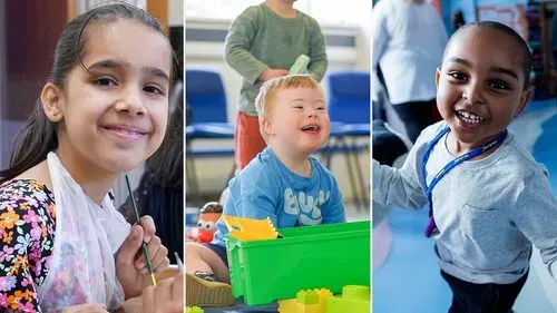 Child in a floral top painting at a table, a toddler playing with colourful plastic blocks in a green tray, and another young child wearing a grey jumper and lanyard moving across a play space, all shown in a three-panel collage