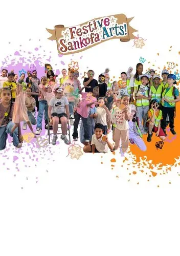 Group of children standing in front of a banner that reads Festive Sankofa Arts.
