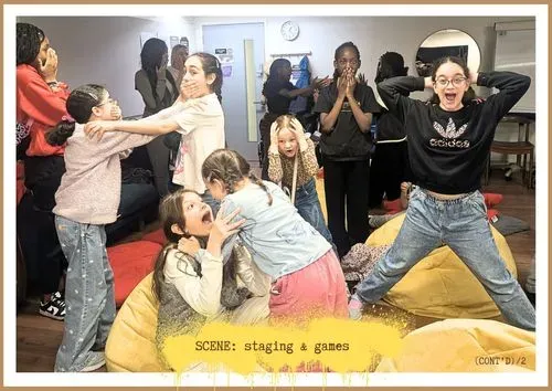 Children creating a surprise freeze frame inside a studio.  A yellow cloud describes the scene.