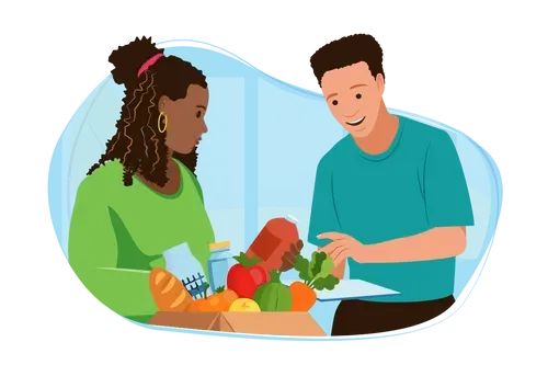 Man and woman with basket of food.
