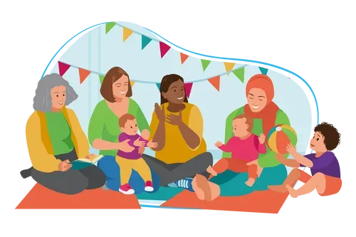 Women and children sat on mat playing with a ball.