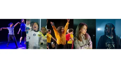 A banner of 5 images, each showing children and young people acting, dancing and singing on stage.
