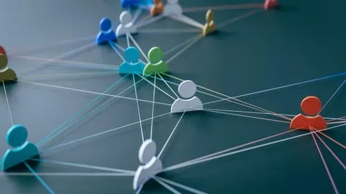 A graphic of people connected by white string