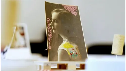 An embroidered photograph of a woman