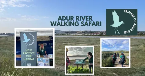 Background of the River Adur & 3 images an event stall, person pointing to an interpretation board, people walking by the river
