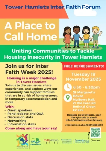 The image is a flyer with the details of an Interfaith forum meeting taking place on 18th November