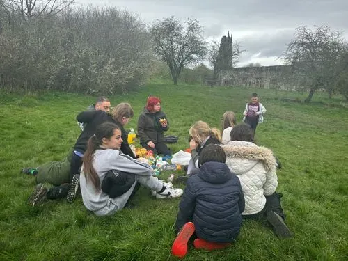 Having lunch at Wharram Percy