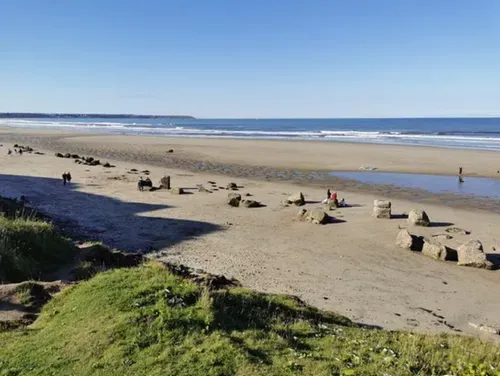 Sandy beach with grass in foreground