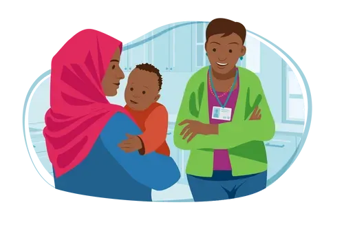 Woman and baby talking to health visitor